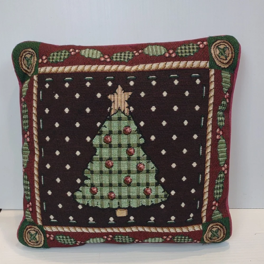 Christmas Tree Tapestry Stuffed Pillow Dark Brown Maroon Green 12